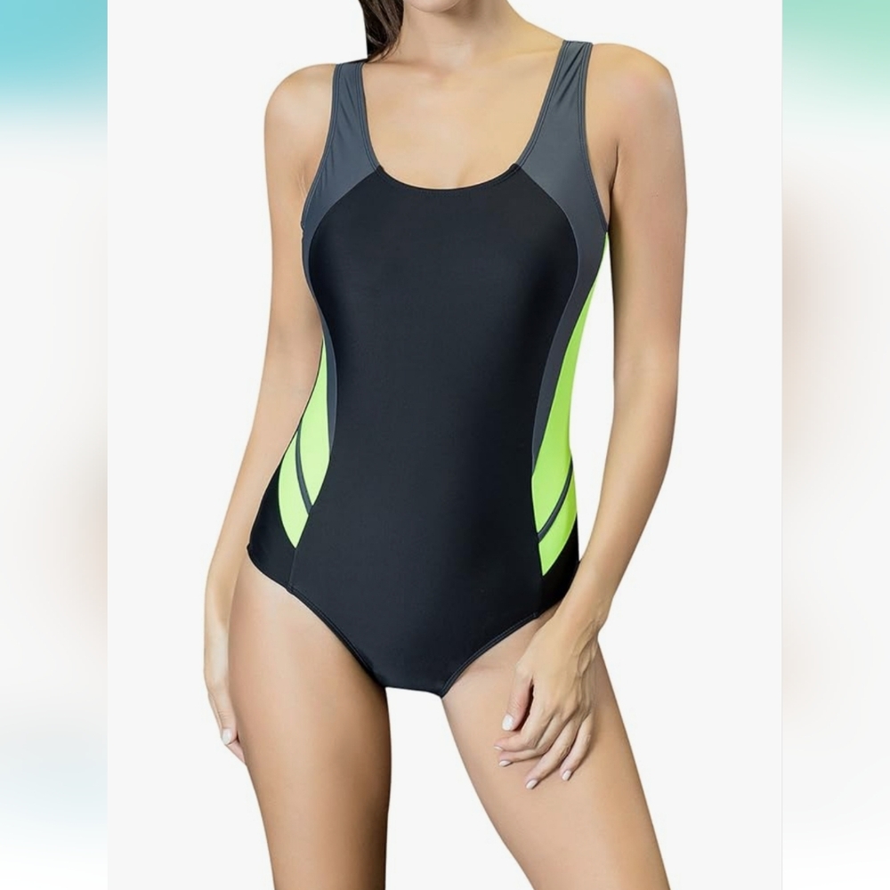 Uhnice. Women's One Piece Atheletic Swimsuit. Black & Neon Green Size Small. NWT